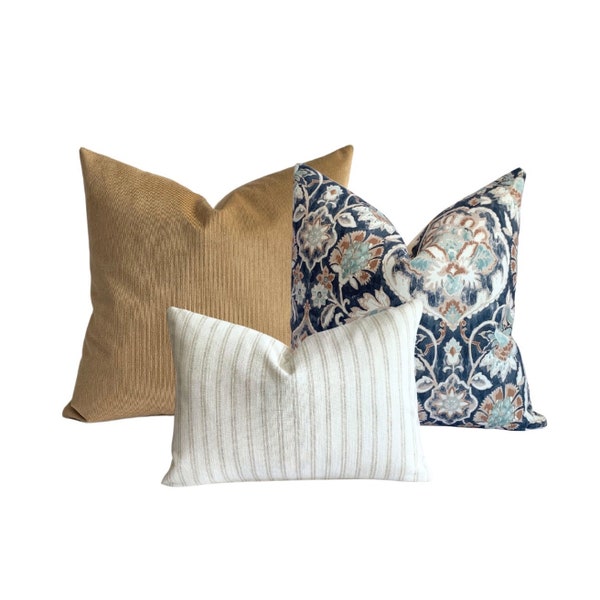 Blue Pillow Combo, Soft Camel, Blue Floral, White and Greige Striped, Pillow Cover Set, Set of 3 Pillow Covers, Blue and Brown Pillow Combo