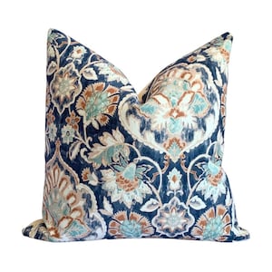 Blue Floral Pillow Cover, 20x20, Custom Sizes, Designer Pillow, Blue & Brown, Throw Pillow, Coussin, Accent Pillow, Home Decor