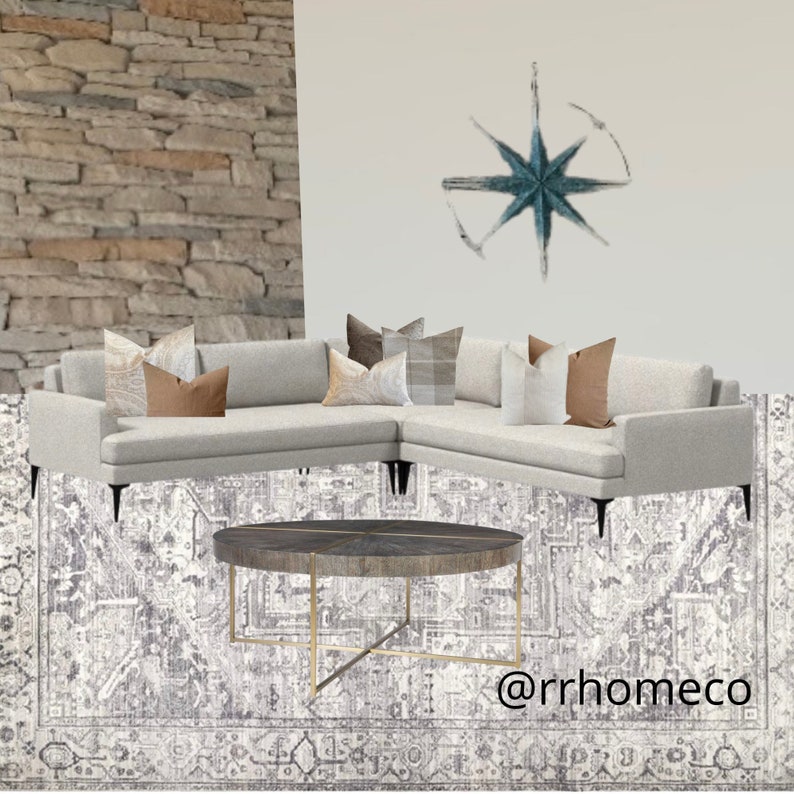 May include: A white sectional sofa with brown throw pillows sits on a gray and white patterned rug. A round wooden coffee table with a gold metal base sits in front of the sofa. A blue and white star-shaped wall decor hangs on the wall behind the sofa. The text "@rrhomeco" is visible in the bottom right corner of the image.