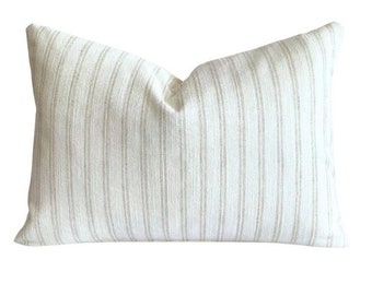 Striped Greige Pillow Cover, White and Sandy Grey, Striped Beige Throw Pillow, Organic Modern Pillow, Neutral Home, White Striped Cushion