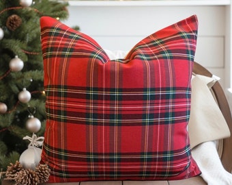 MERRY || Red Tartan Plaid Christmas Pillow Cover, Christmas Plaid Decor, Holiday Throw Pillow, Festive Home Decor, Tartan Cushion Cover