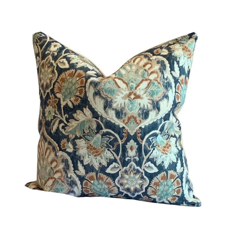 Blått blommigt örngott, 20x20, anpassade storlekar, designerkudde, blå & brun, prydnadskudde, Coussin, accentkudde, heminredning bild 5