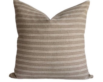 Brown Striped Pillow Cover, Designer Pillow, Neutral Home Decor, Brown Linen Pillow, Bark-Brown Striped Oatmeal Throw Pillow, Organic Modern