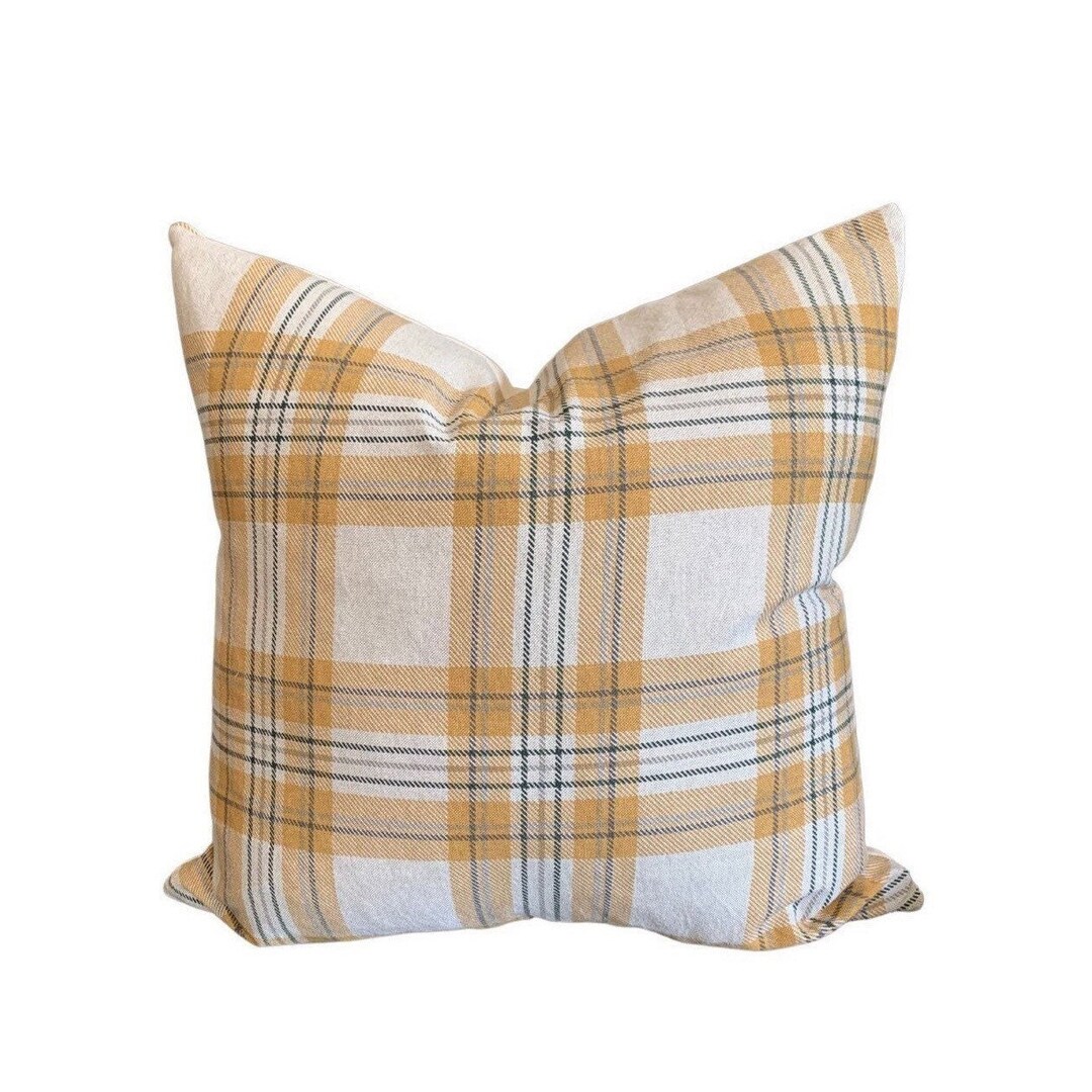 JOY Yellow Plaid Pillow Cover Farmhouse Pillow Plaid Etsy