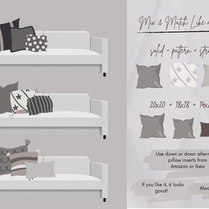 May include: A guide on how to mix and match throw pillows on a sofa. The guide suggests using a solid pillow, a patterned pillow, and a striped pillow. The guide also suggests using down or down alternative pillow inserts from Amazon or Ikea. The text "Mix & Match Like a Pro" is at the top of the guide. The text "solid + pattern + stripe" is below the title. The text "20x20 + 18x18 + 14x20" is below the text "solid + pattern + stripe". The text "Use down or down alternative pillow inserts from Amazon or Ikea" is below the text "20x20 + 18x18 + 14x20". The text "If you like it, it looks good!" is below the text "Use down or down alternative pillow inserts from Amazon or Ikea". The text "Always chop!" is below the text "If you like it, it looks good!"