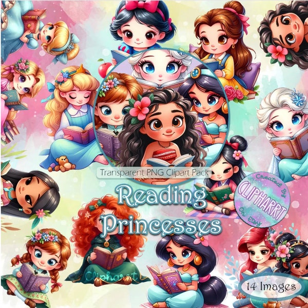 Reading Princesses Clipart Set, Transparent Background PNG images, Commercial Use, Cartoon Graphics