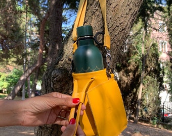 Stylish Yellow Genuine Leather Water Bottle and Thermos Holder with Adjustable Strap - Perfect for Different Sizes of Bottles and Thermoses