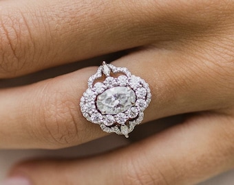 Oval Art Deco Engagement Ring 14K White Gold Anniversary Ring  Oval Moissanite Wedding Ring Unique Promise Ring Anniversary Gift for Her