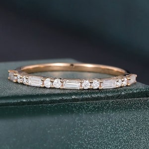 14K Rose Gold Wedding Ring Moissanite Wedding Band Round and Baguette Moissanite Engagement Ring Promise Ring for Woman Anniversary Ring