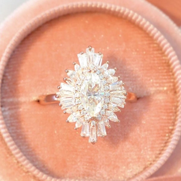Marquise Moissanite Halo Wedding Ring 14K Rose Gold Engagement Ring Anniversary Gift Promise Ring, Marquise Anniversary Ring, Starburst Ring