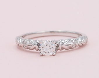 Round Moissanite Vintage Ring  14K White Gold Anniversary Ring Art Deco Engagement Ring Milgrain Wedding Ring Proposal Ring  Promise Ring