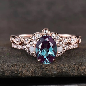 Oval Alexandrite Vintage Wedding Ring 14K Rose Gold Anniversary Ring Set Oval Cut Diamond Engagement Ring Promise Ring Anniversary Gift