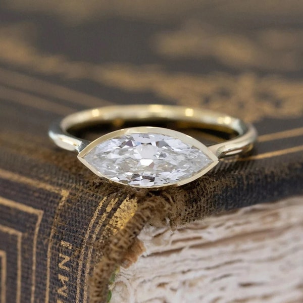 East West Marquise Cut Förlovningsring East West Vigselring Jubileumsring Bezel Set Diamantring, Jubileumspresent, Löftesring