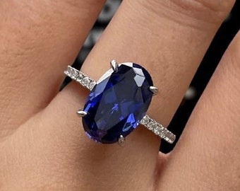 Oval Blue Sapphire Engagement Ring Oval Cut Blue Sapphire Wedding Ring 14K White Gold Anniversary Ring Anniversary Gift Promise Ring