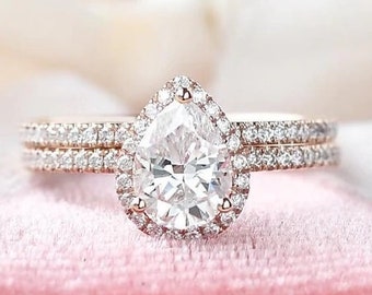 Pear Cut Moissanite Ring Set 14K White Gold Anniversary Ring Set Pear Shape Wedding Ring Set  Promise Ring, Diamond Ring, Anniversary Gift