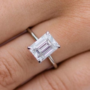 Emerald Cut Moissanite Engagement Ring, 14K White Gold Anniversary Ring, Emerald Cut Solitaire Wedding Ring, Anniversary Gift Promise Ring