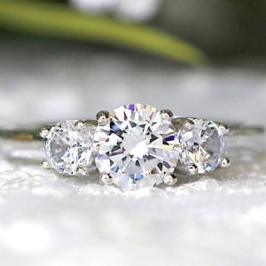 14k Solid White Gold Three Stone Ring, 1 CT Round Cut Moissanite Trilogy, Engagement Ring, Wedding Ring For Gift Wedding Ring