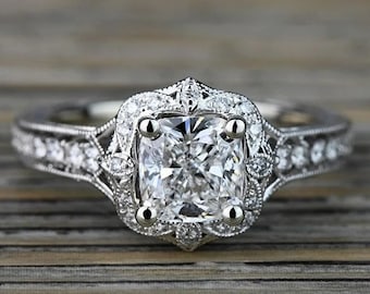 Anillo de boda de oro blanco de 14 quilates con moissanita talla cojín, anillo de aniversario, regalo de aniversario vintage, anillo de compromiso y promesa estilo art déco