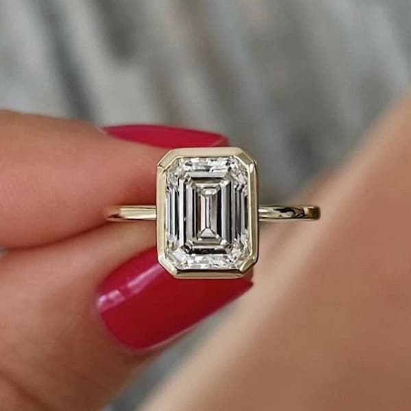 Emerald Cut Moissanite Engagement Ring 14K Yellow Gold Anniversary Ring Emerald Bezel Diamond Wedding Ring Anniversary Gift Promise Ring