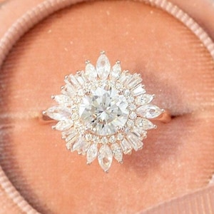 Round Halo Starburst Ring Moissanite Engagement Ring 14K Yellow Gold Wedding Ring Promise Ring Anniversary Gift Anniversary Ring