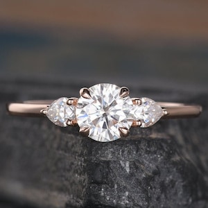 14K Rose Gold Anniversary Ring Three Stone Engagement Ring Moissanite Wedding Ring Round Diamond Ring Anniversary Gift Promise Ring