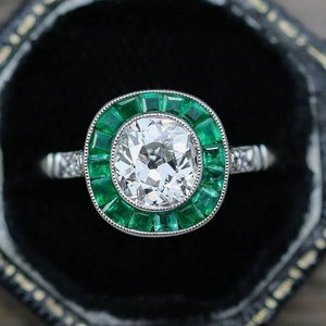 Unique Old Mine Cut Vintage Diamond Ring Green Stone Edwardian Ring Promise Ring Women&#39;s Antique Jewelry, Anniversary Gift Handmade Ring