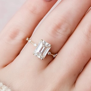 Emerald Cut Moissanite Engagement Ring 14K White Gold Wedding Ring Anniversary Ring Minimalist Ring for Her Anniversary Gift Promise Ring