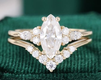 1 CT Marquise Moissanite Wedding Ring Set 14K Yellow Gold Anniversary Ring Set Engagement Ring Set, Promise Ring for Woman, Anniversary Gift