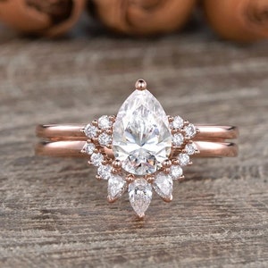 1.5 CT Pear Cut Moissanite Engagement Ring 14K Rose Gold Pear Shaped Wedding Ring Curved Custom Band Chevron Women Ring Promise Ring
