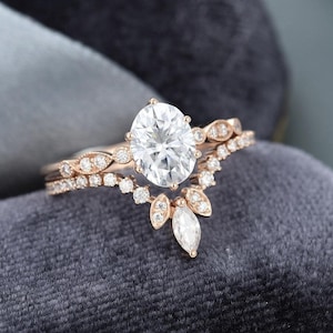 14K Rose Gold Wedding Ring Set Oval Moissanite Engagement Ring Set Bridal Ring Set Ring for Woman Promise Ring Anniversary Ring Set Gift