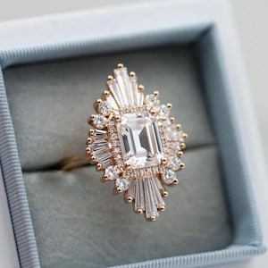 Sun Burst Halo Emerald Cut Moissanite Diamond Engagement Ring For Her in 18K Solid Yellow Gold