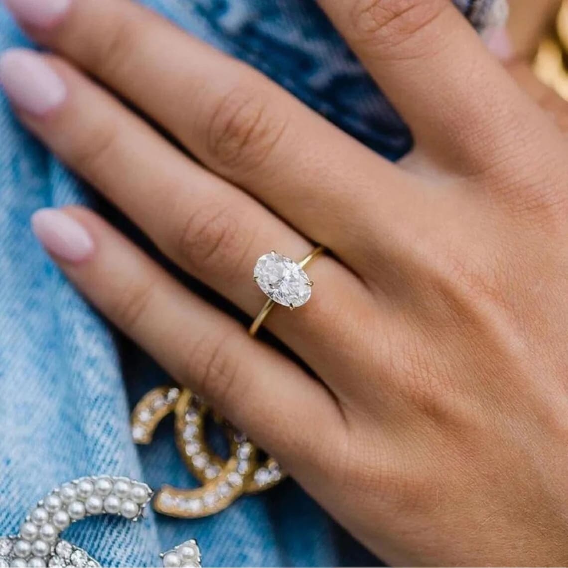 Oval Hidden Halo Wedding Ring 14K Solid Yellow Gold Etsy