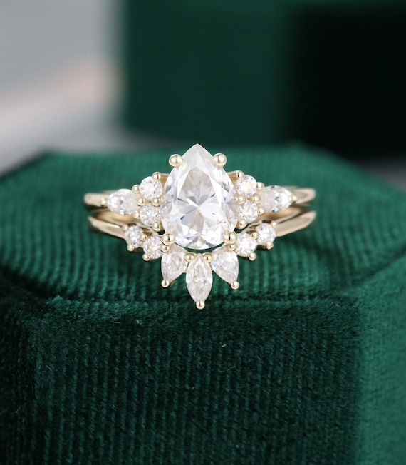 14K Yellow Gold Anniversary Ring Set Pear Moissanite Engagement Ring Set Pear Wedding Ring Set, Anniversary Gift, Promise Ring For Women