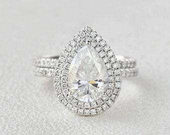 14K White Gold Anniversary Ring Set Pear Cut Engagement Ring Pear Moissanite Wedding Ring Set, Promise Ring, Anniversary Gift For Women