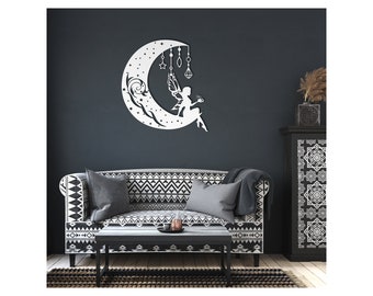 Fairy moon metal wall art, nursery wall hanging, night sky