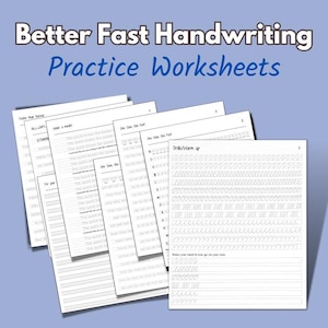 Könnte beinhalten: Ein Set weißer Arbeitsblätter für Handschriftübungen mit dem Text Better Fast Handwriting Practice Worksheets oben. Die Seiten enthalten verschiedene Übungen, darunter Drills, Aufwärmübungen und Linien zum Üben von Schreib- und Druckschrift.