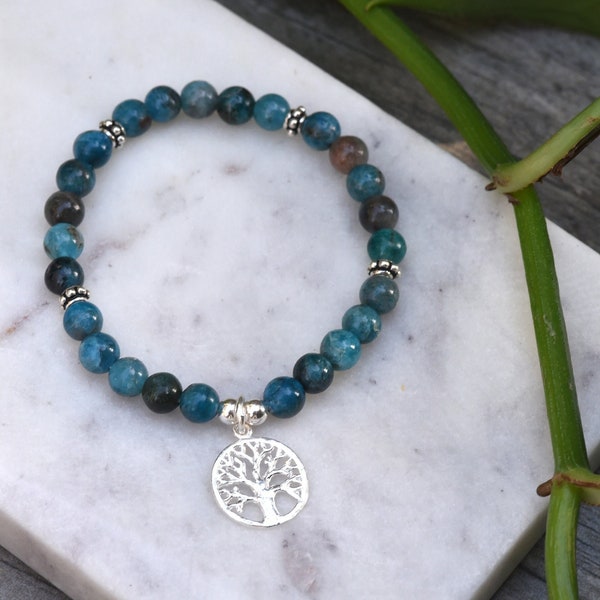 Handmade Teal Blue Apatite Gemstone and Sterling Silver Tree of Life Bracelet