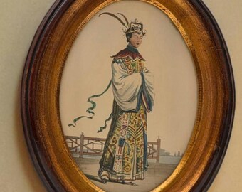 Antique 18th Century Peking Opera Hand-Colored Engraving