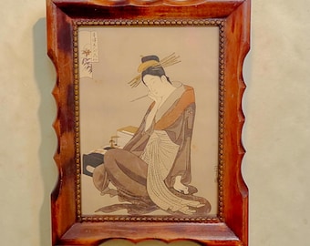 Framed Japanese Ukiyo-e Print After Chobunsai Eishi, Hanaogi Courtesan Bijin-ga Wall Art, Vintage Asian Decor
