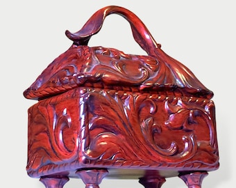 Art Nouveau Revival Ceramic Casket Box – Ornate Scrollwork Jewelry Box with Handle – Red Glazed