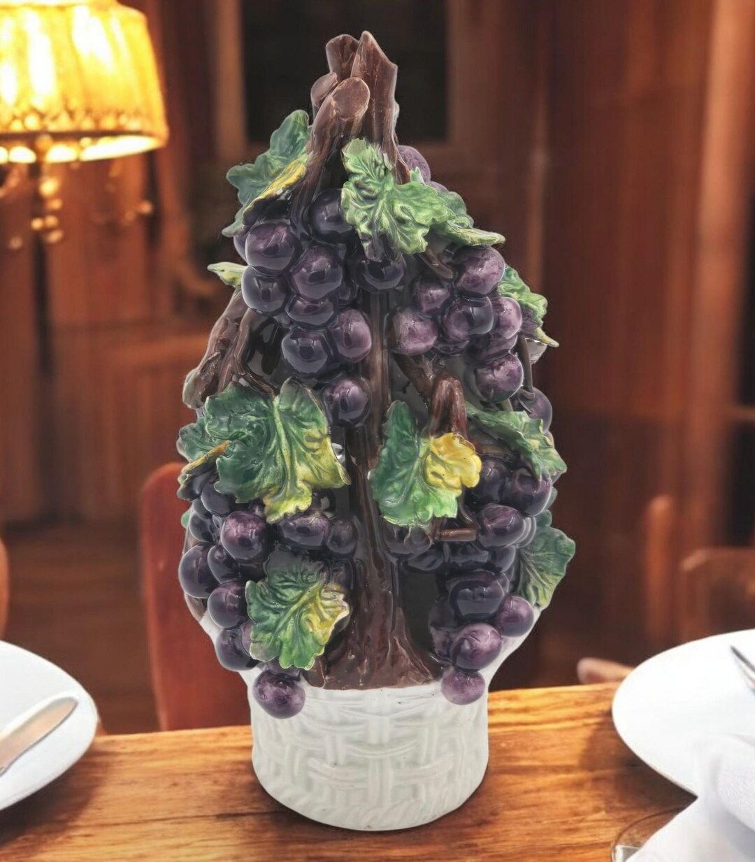 Italian Majolica Grape Topiary From Faenza Mid 20th Century Ceramic italian-majolica-grape-topiary-from-faenza-mid-20th-century-ceramic