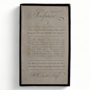 May include: A framed print with the word "Sculpture" in elegant script at the top. The print features handwritten text in a vintage style, with decorative flourishes. The frame is black.