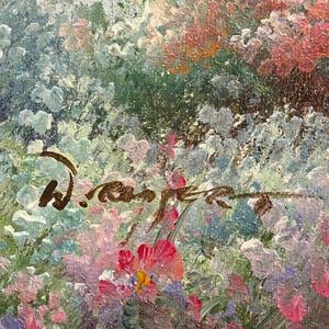May include: An impressionistic oil painting of a vibrant flower garden. The artwork features a variety of colorful blooms in shades of pink, red, white, and green. The artist's signature is visible in the lower center.