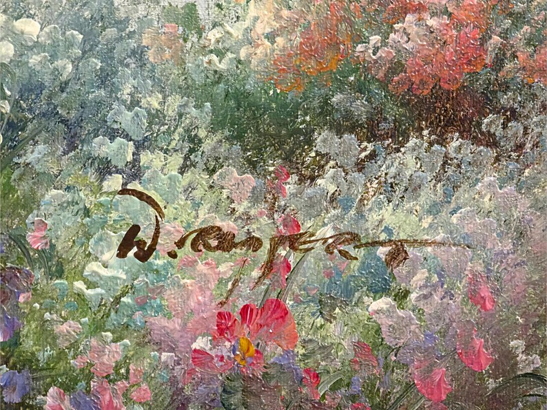 May include: An impressionistic oil painting of a vibrant flower garden. The artwork features a variety of colorful blooms in shades of pink, red, white, and green. The artist's signature is visible in the lower center.