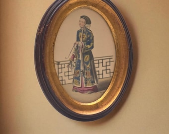 Qing Dynasty Noblewoman Antique Lithograph - Hand-Colored, Framed