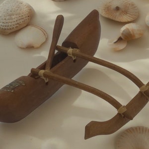 Hand Carved Hawaiian Koa Wood Outrigger Canoe Miniature Sculpture