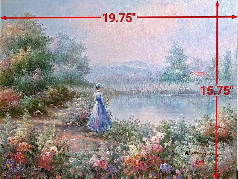 May include: A landscape painting depicting a woman in a blue dress standing near a lake. The artwork, measuring 19.75 x 15.75 inches, features a serene scene with colorful flowers, trees, and a distant house.