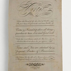 May include: Antique paper with calligraphy text. The word "Virtue" is written in an elaborate script at the top. Below, several lines of text discuss virtue, friendship, and arts. The paper is aged with a few stains and the number 19 is in the top right corner.