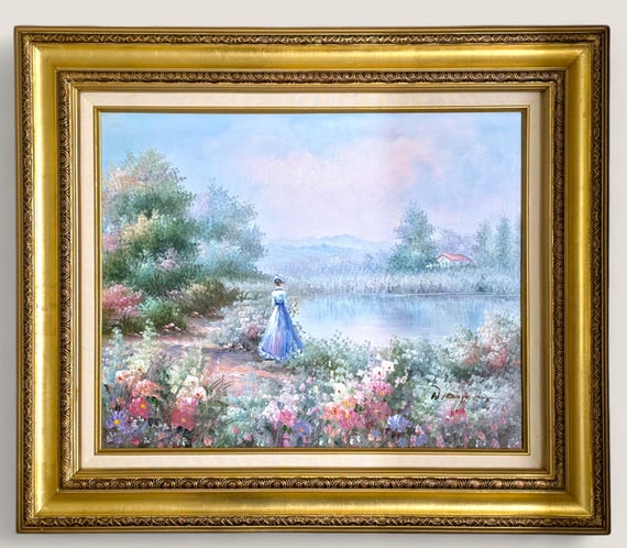 Original Vintage Oil Painting - Romantic Garden Landscape with Figure - Gilt Framed Impressionist Style Wall Art