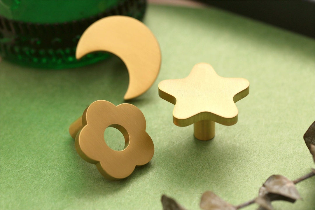 Brass Star Moon Knobs, Nursery Room Knobs, Twinkle Furniture Knobs